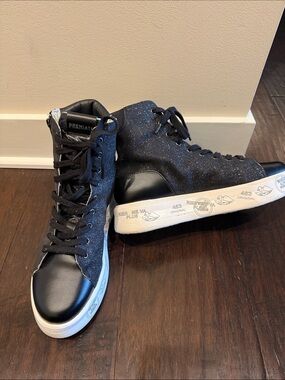 Premiata Edith high top in black glitter and leather worn once inside